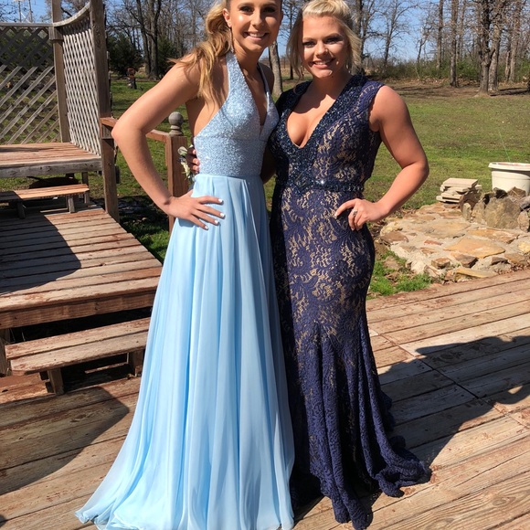 Navy Nude Lace Macduggal Prom Dress 